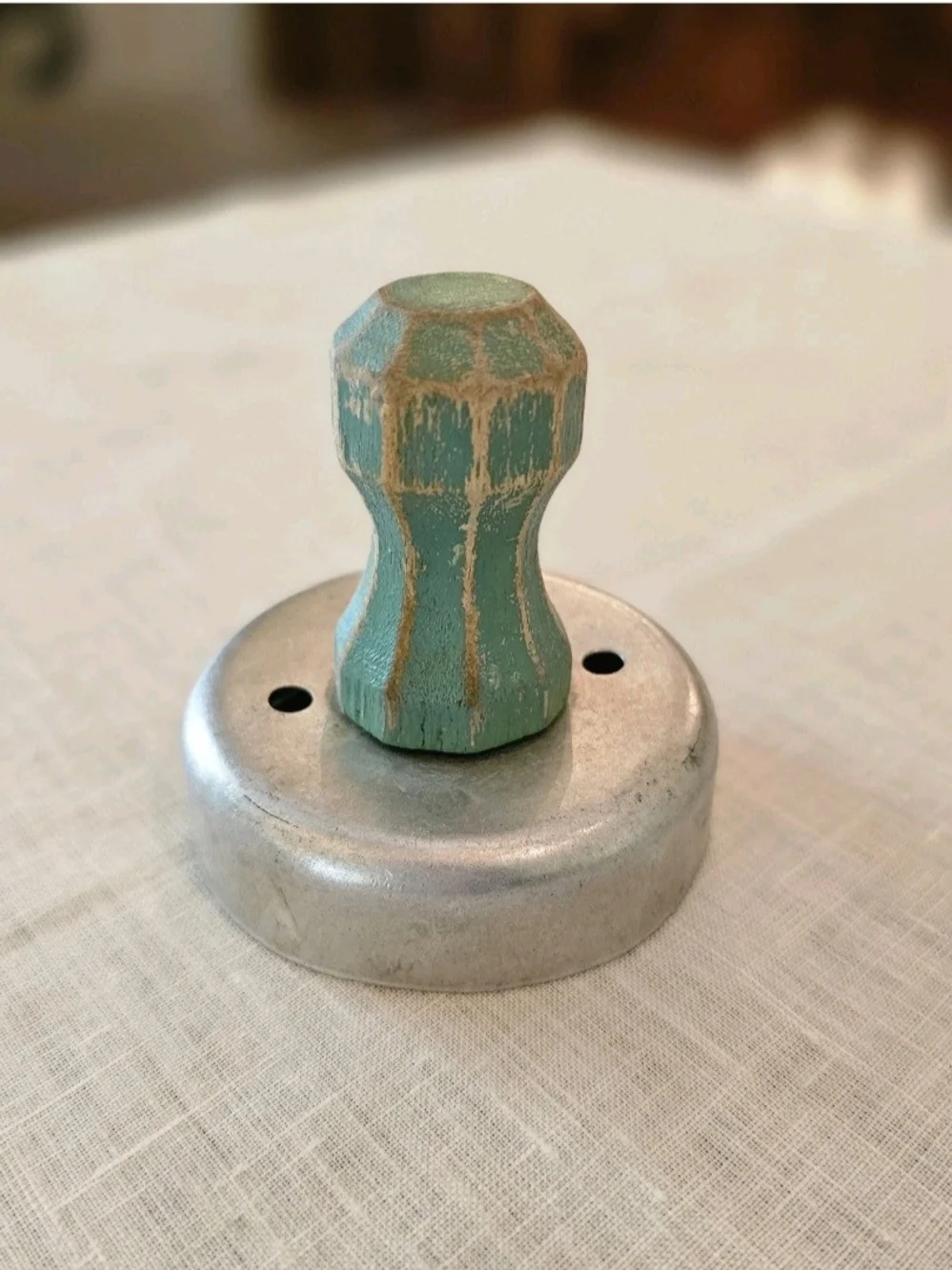 Vintage 40's Aluminum Biscuit Donut Cookie Cutter Green Wooden Handle Primitive